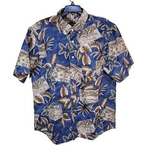 David Taylor Cotton Black Button Down Tropical Floral Hawaiian Shirt Size L
